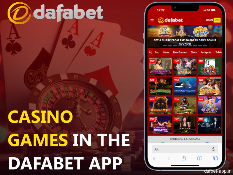 A variety of casino games available to Indian users in the app