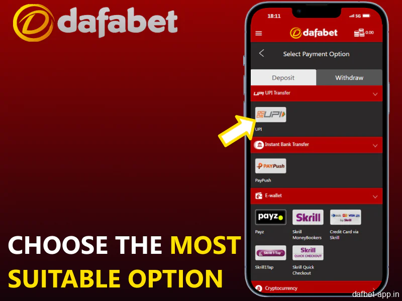 Select your preferred payment method in the Dafabet app
