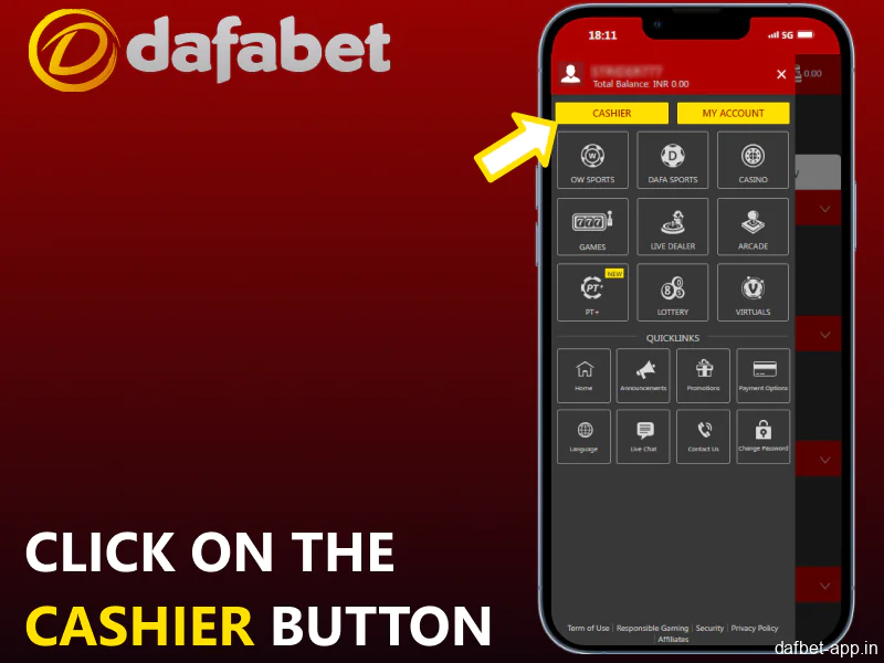 Tap the Cashier button within the Dafabet app