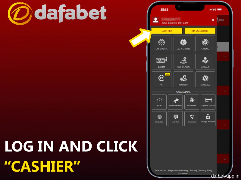 Log in and navigate to the 'Cashier' section in the Dafabet app