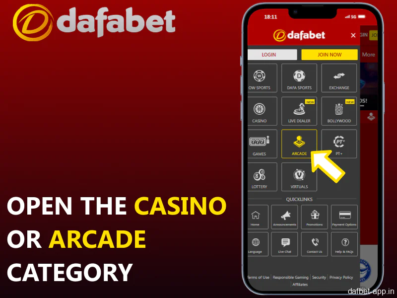 Navigate to either the 'Casino' or 'Arcade' section within the app