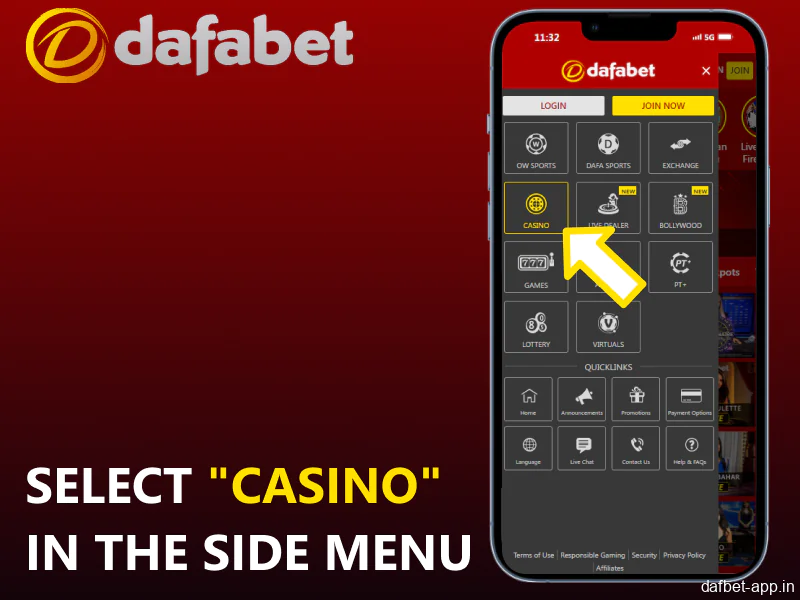 Navigate to the Casino section using the app's side menu