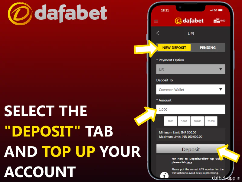 Use the 'Deposit' tab to top up your account balance in the Dafabet mobile app