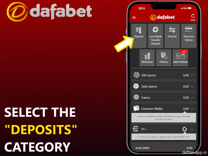Navigate to the Deposits section in the Dafabet app