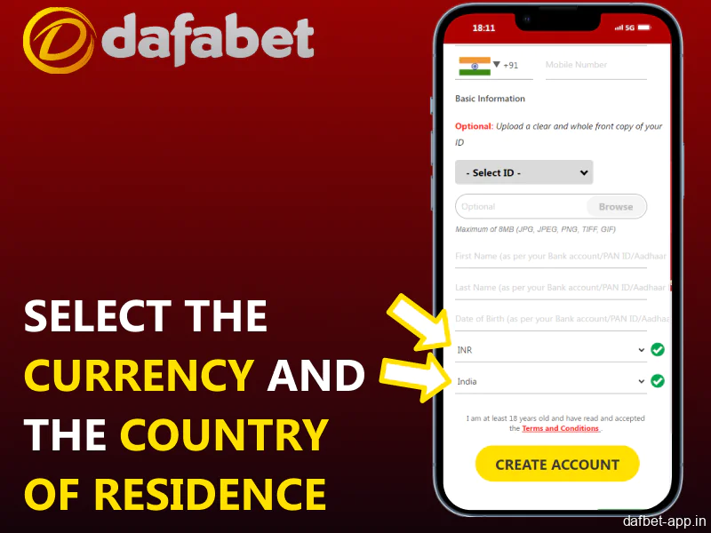 Set your residence country and preferred currency in the Dafabet app