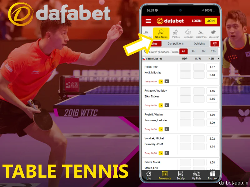 Table tennis betting options available in the Dafabet app