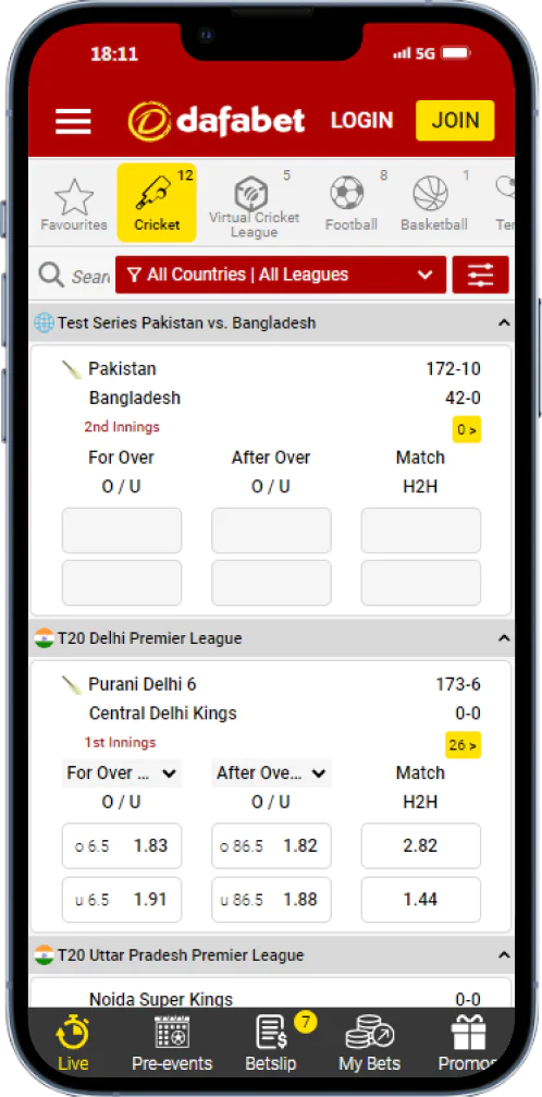Available sports betting markets in the Dafabet mobile application