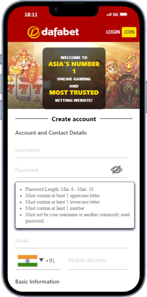Signing up for a Dafabet account via the mobile app for Indian users